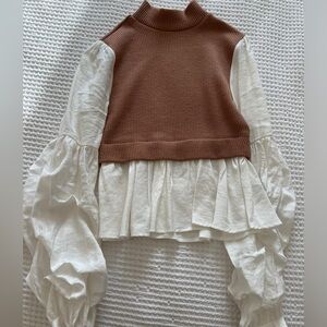 Anthropologie XS Brown Sweater Vest over white long sleeve top